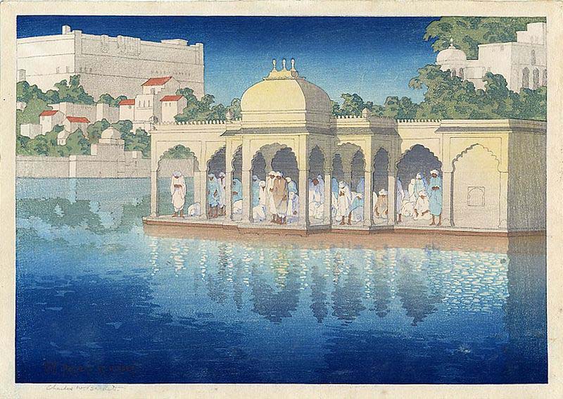 Prayers at Sunset, Udaipur, India, woodblock print by Charles W. Bartlett, 1919, Honolulu Academy of Arts